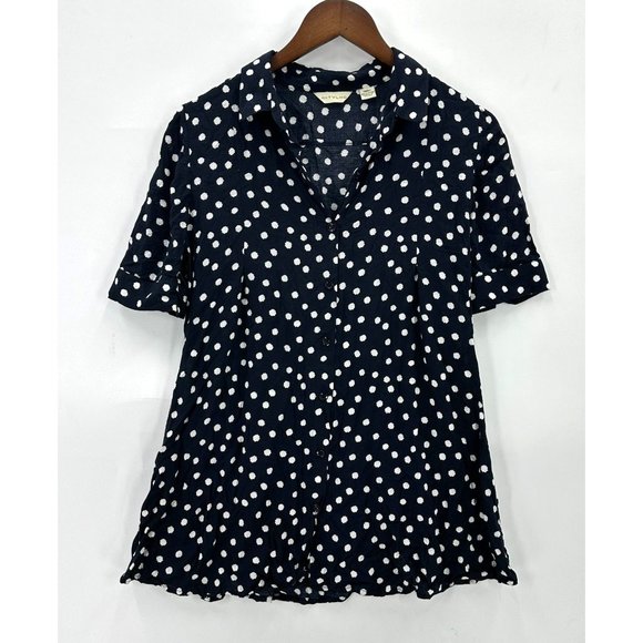 TYLHO Anthropologie Blouse Womens Button Down Short Sleeve Swing Polka Blue S - Picture 1 of 9